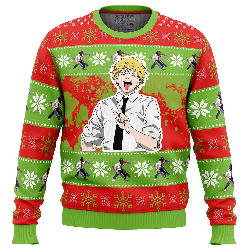 Christmas Denji Chainsaw Man Ugly Christmas Sweater FRONT mockup - Chainsaw Man Store