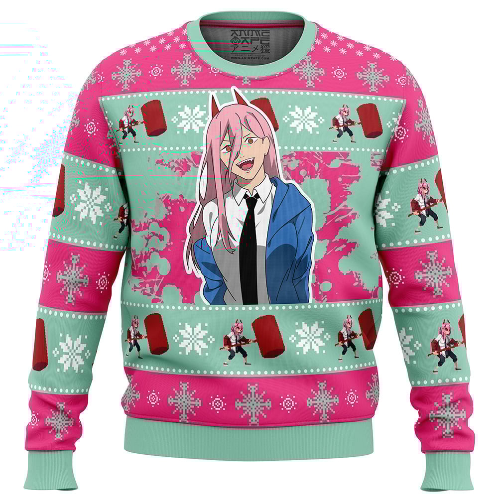 Christmas Power Chainsaw Man Ugly Christmas Sweater FRONT mockup - Chainsaw Man Store