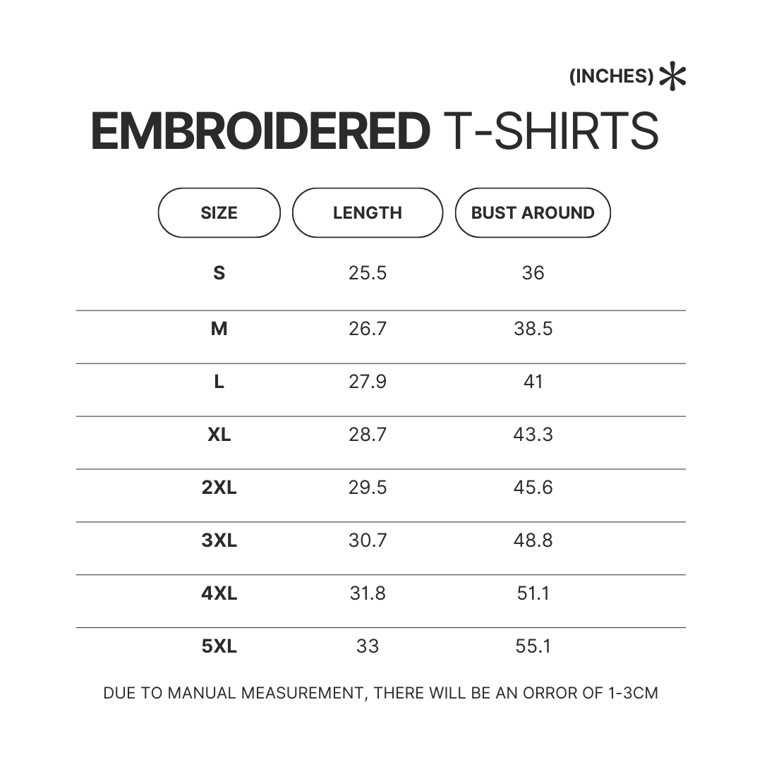 Embroidered T shirt Size Chart - Chainsaw Man Store